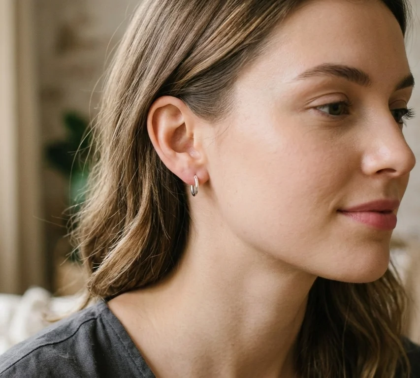 Minimalističke srebrne minđuše na uhu modela uz diskretan makeup i prirodno svetlo.