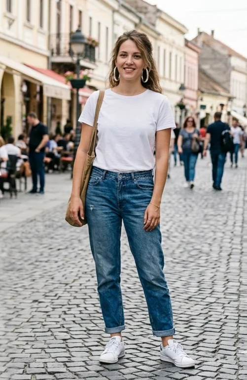 Model sa većim srebrnim alkama i opuštenim casual outfitom (farmerke + bela majica).