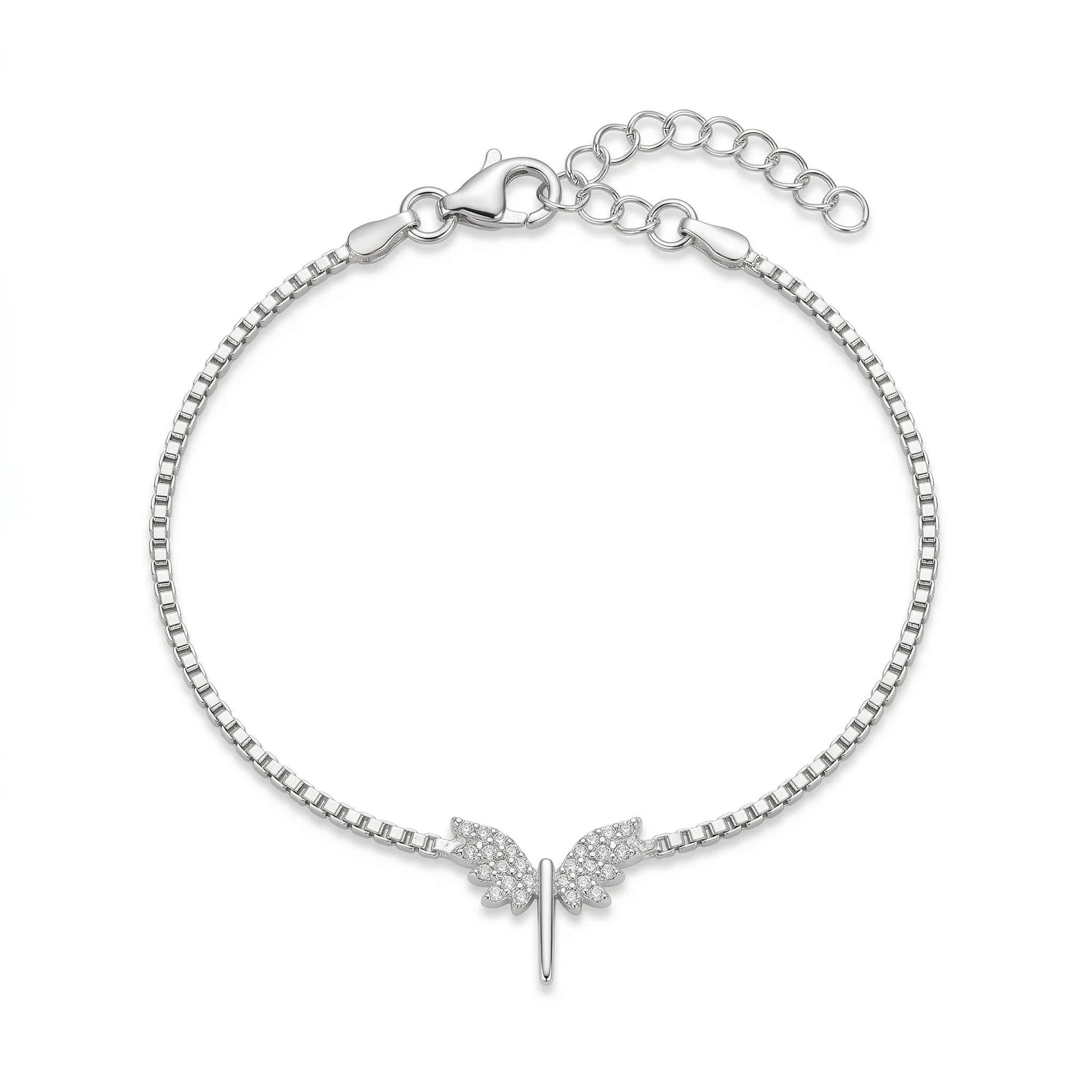 Srebrna narukvica Krila anđela 925 sa cirkonima na beloj pozadini