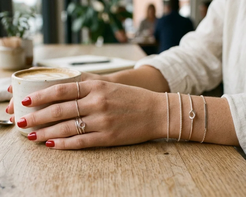 Ženska ruka sa nekoliko tankih srebrnih prstenova i narukvica u minimalističkom stilu.