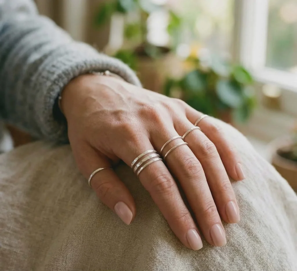 ženska ruka sa srebrnim prstenovima 925