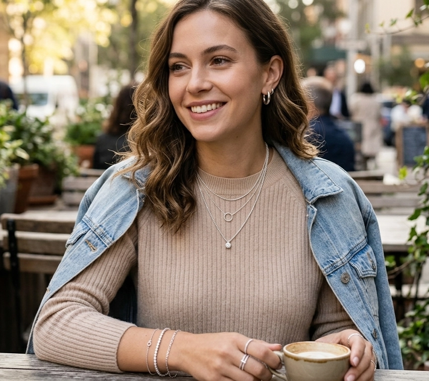 žena nosi srebrni nakit svakodnevni stil