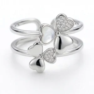 Dvostruki srebrni prsten sa motivima deteline od sedefa i cirkona od srebra 925