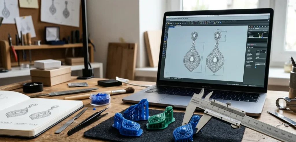 Ekran laptopa sa digitalnim 3D CAD modelom minđuša i voštani modeli nakita na radnom stolu.