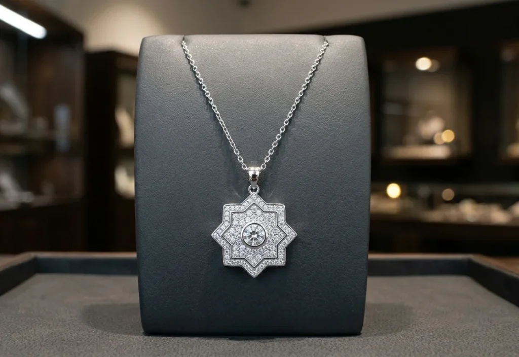 Polirana srebrna ogrlica sa priveskom visokog sjaja, zaštićena rodijumom na minimalističkom postolju.