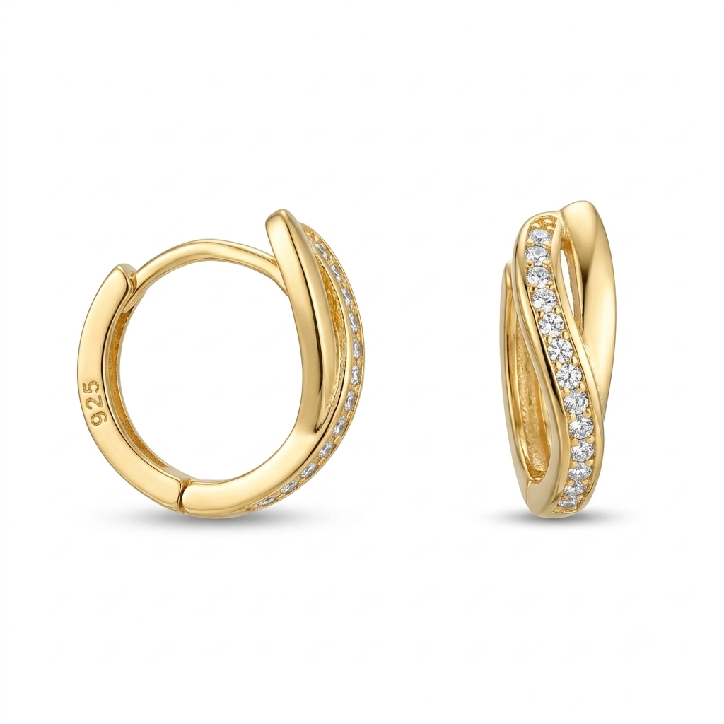Pozlaćene srebrne alke uvijene Twisted Wave sa cirkonima od srebra 925 u zlatnoj boji